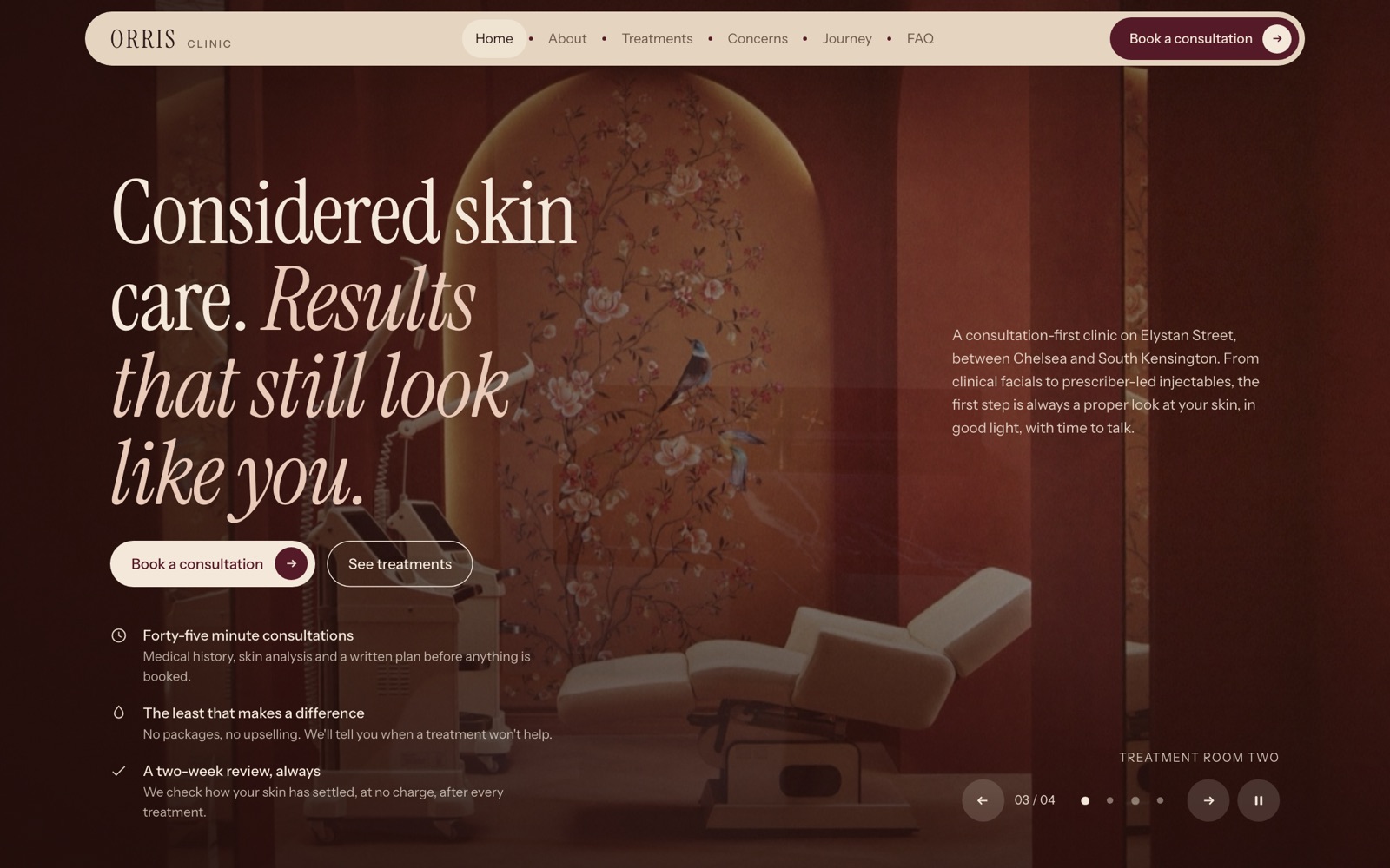 Orris clinic homepage: warm reception photo with the headline Considered skin care