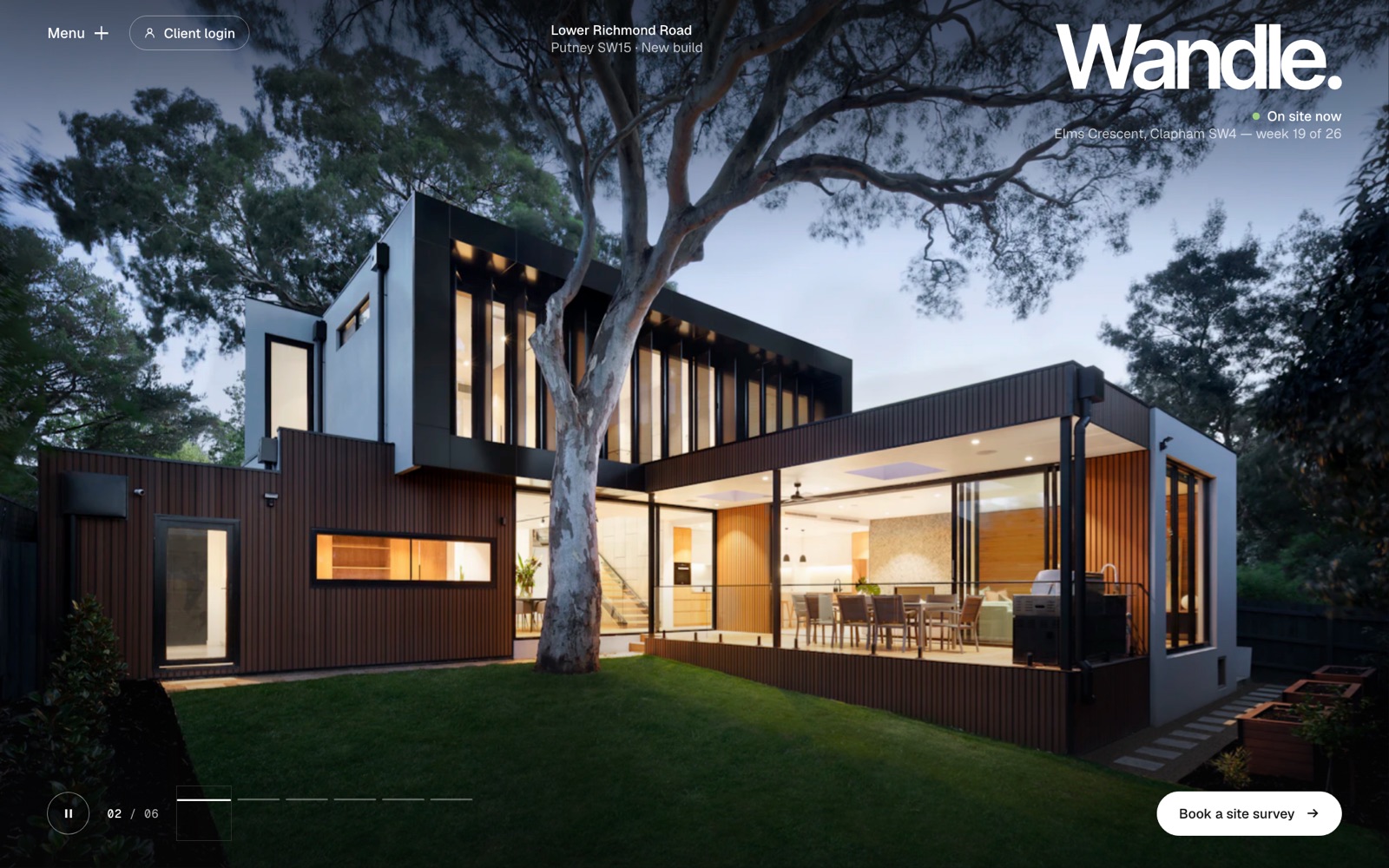 Wandle homepage: full-screen dusk photo of a modern rear extension